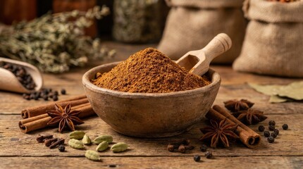 Organic garam masala powder in a rustic bowl with whole spices, authentic Indian spice blend for flavorful cooking, rich aromatic ingredient concept, warm realistic detail, no logos