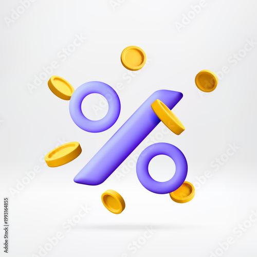 3D Percentage sign with floating gold coins. Finance savings and sale discount promotion. Shopping marketing concept with investment growth and banking profit symbol. Vector illustration