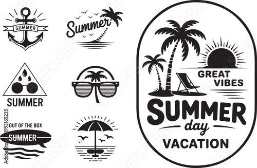 Captivating collection of summer themed logos and badges for promoting joyful beach holidays and relaxed vacations