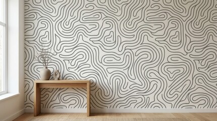 Wavy geometric maze pattern wallpaper, abstract flowing lines for modern background design, clean rhythmic composition, contemporary style, high detail, no logos