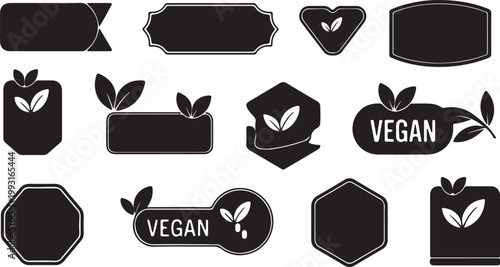 Collection of black vector vegan labels and frames with green leaf accents for organic and plant based products