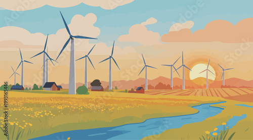 Wind Turbines in Rural Landscape with Sunset