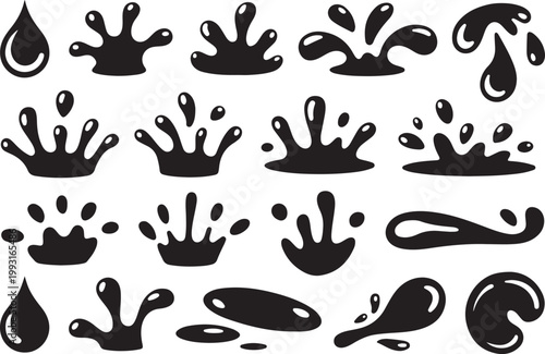 Collection of dynamic black splash and droplet silhouettes representing liquid motion and fluid abstract forms