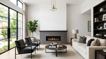 Modern luxury living room interior with fireplace and empty white wall, elegant home design, clean mockup space, contemporary decor, bright refined atmosphere, no logos