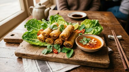 Spring rolls on wooden board with lettuce, crispy appetizer, Asian snack, rustic serving style, fresh garnish, warm appetizing light, no logos