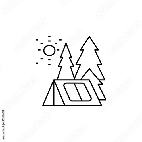Outdoor camping line icon with tent, pine trees, and sun for adventure lifestyle, scouting, and forest trekking activities and gear