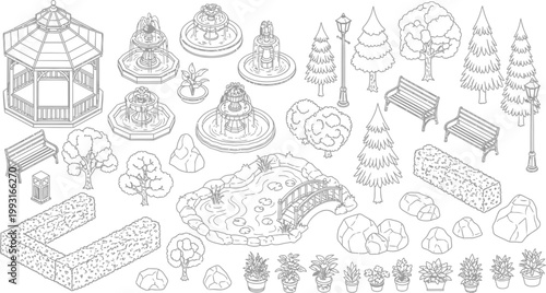 Isometric Park Landscape Elements Set Featuring Gazebo Fountains Trees Benches And Garden Hedges In A Clean Line Art Vector Style