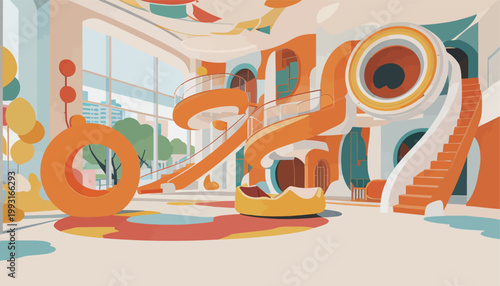 Colorful Playground Interior with Slides and Swings