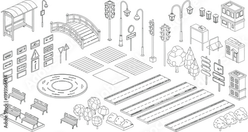 Isometric City Street Elements Set Featuring Roads Crosswalks Traffic Lights Buildings Trees Benches And Signs In Clean Line Art Style