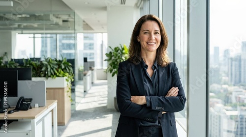 Free Download Professional woman in business attire by an office window, confident corporate portrait with natural daylight and modern workplace atmosphere, realistic detail, no logos - GFXLoad