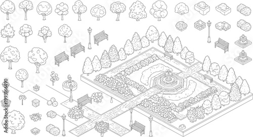 Isometric Park Landscape Design Kit with Hand Drawn Trees Benches Fountains and Garden Elements for Architectural Planning and Game Development