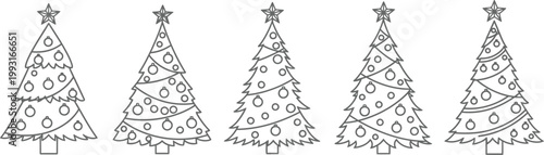 Set of Five Hand Drawn Christmas Tree Vector Illustrations with Decorative Ornaments and Star Toppers for Holiday Design Projects