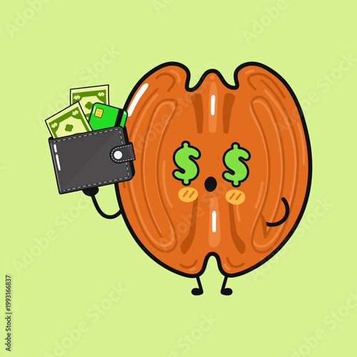 Pecan nut character showing money obsession with wallet