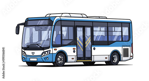 Detailed side-view illustration of a modern white and blue city bus featuring large glass windows and a sleek aerodynamic design on a white background.
