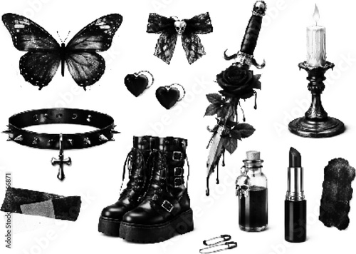 Gothic dotted gothic vector collection: butterfly, rose, candle, grunge boots, and skull accents in halftone retro style