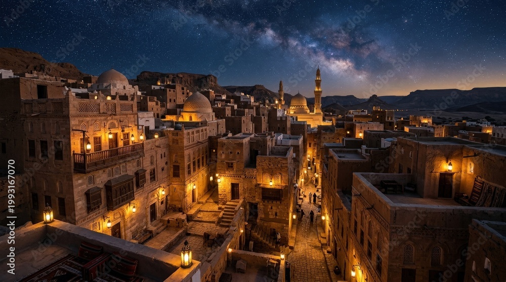 Fototapeta premium A night view of an ancient Arabic city with sandstone buildings, winding alleys, domes and lantern-lit balconies under a deep starry sky, warm golden glow and mysterious desert atmosphere,