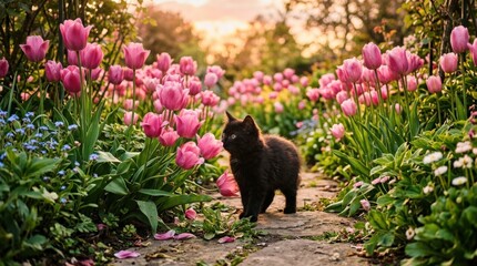 Curious black kitten exploring spring garden with blooming pink tulips, warm golden hour pet scene for animal lovers and seasonal nature themes, soft sunset light, charming realistic detail, no logos