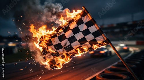 A fiery racing flag engulfed in blazing flames, checkered fabric whipping in motion with glowing sparks and smoke trails, intense energy, high-contrast dramatic lighting, speed and adrenaline