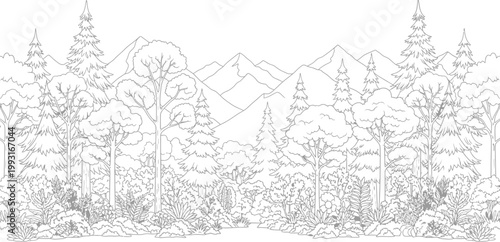 Panoramic forest landscape line art vector illustration featuring dense trees and majestic mountain peaks for adult coloring book pages and nature design