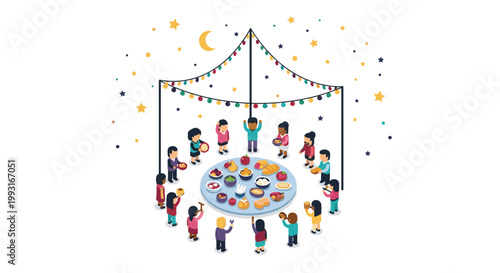 Vibrant isometric illustration depicts a diverse group of people gathered for a festive meal around a large table under a string-lit canopy at night.
