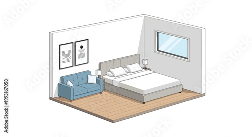 Modern isometric bedroom design showcases a large grey upholstered bed and a comfortable blue sofa set against clean white walls with abstract art.