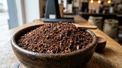 Close-up of freshly ground coffee beans, aromatic food texture for cafe, roasting, and beverage branding concepts, rich brown tones, realistic detail, no logos