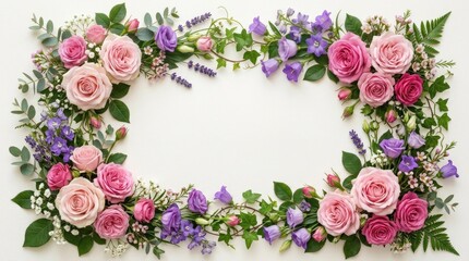 Floral border of pink roses and purple blooms, elegant botanical frame with romantic decorative styling for greeting or beauty design, realistic detail, no logos