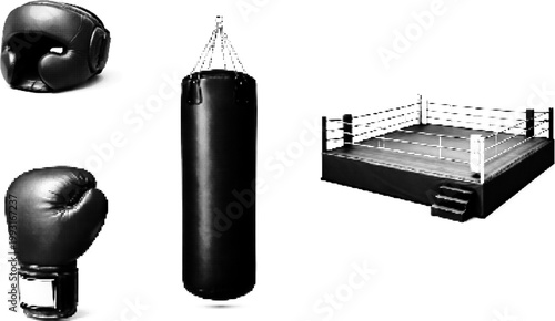 Grunge halftone vector of boxing gear with glove, helmet, punching bag, and dotted boxing ring