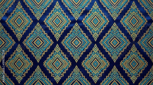 Seamless Thai Geometric Satin Weave Pattern with Interlocking Diamonds in Gold and Turquoise