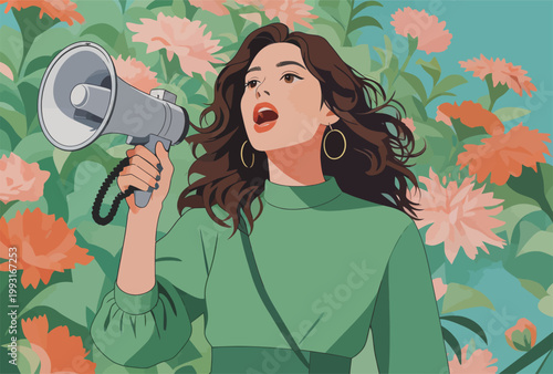 Woman with Megaphone in Floral Background
