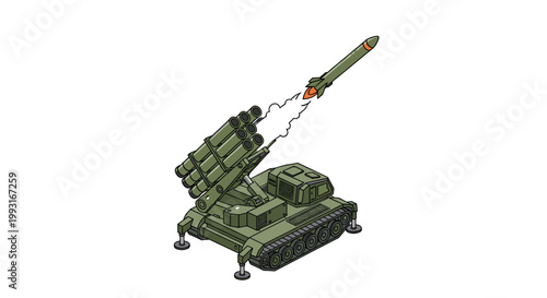 A powerful green military missile launcher vehicle on tracks is depicted firing a large rocket into the air with a thick trail of white engine smoke.