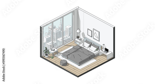 A modern isometric bedroom design features a large window with a stunning city skyline view, a comfortable bed, and a functional workspace with a laptop.