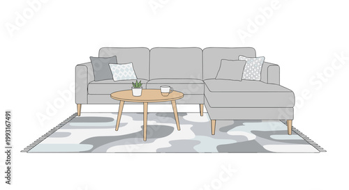 A stylish living room arrangement features a large grey sectional sofa, a round wooden coffee table, and a decorative patterned rug on a white background.