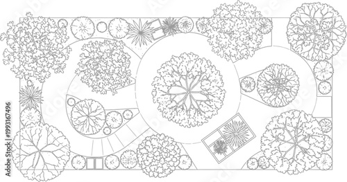 Detailed Landscape Architecture Site Plan Vector Illustration Featuring Garden Layout with Trees Shrubs Pathways and Circular Design Elements for Professional Landscaping Projects