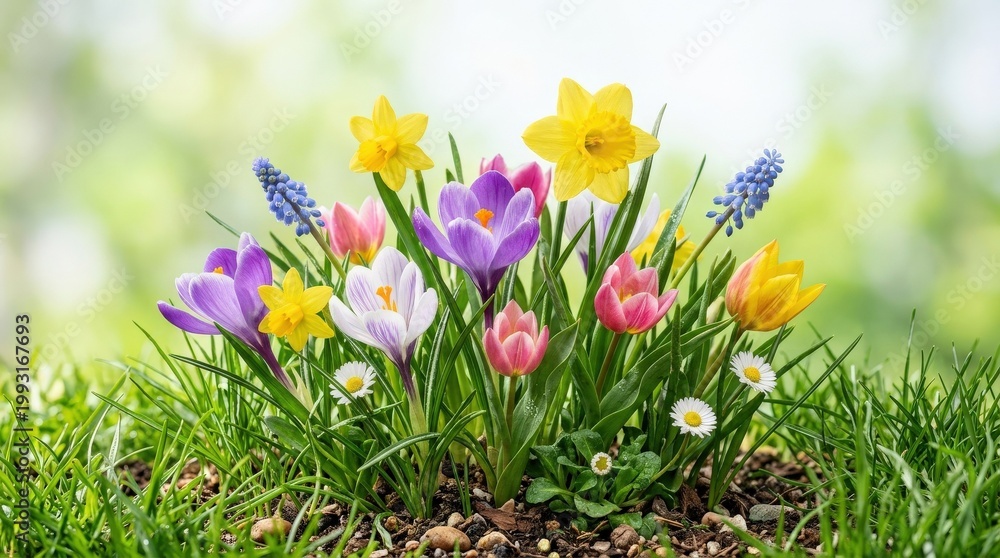 Fototapeta premium A cluster of spring flowers with fresh green grass isolated cleanly, colorful petals, delicate stems and lively seasonal detail, bright cheerful botanical mood, ultra-realistic, no logos.