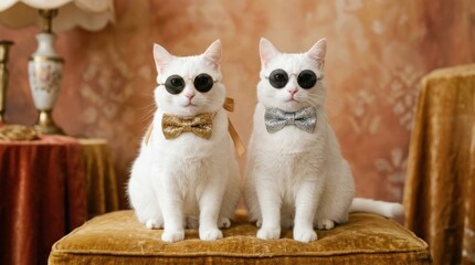 Two white cats side by side in round sunglasses and glitter bow ties, retro-inspired luxury pet portrait with playful fashion mood and warm studio backdrop, soft light, realistic detail, no logos