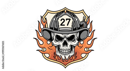 Firefighter skull logo with flames and helmet.