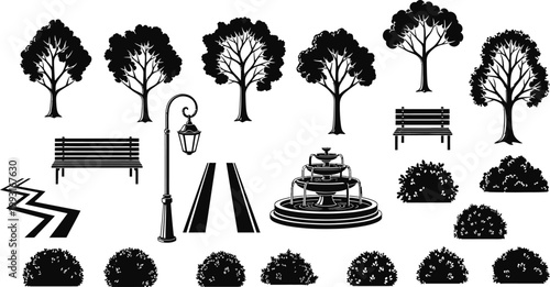 Set of black and white vector icons for urban park planning including various tree shapes benches fountain lamp and shrubbery silhouettes