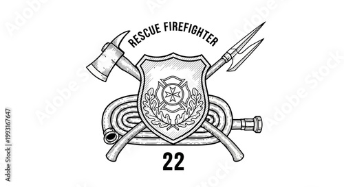 Firefighter rescue emblem with tools and shield.