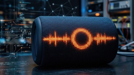 Glowing orange LED lights on dark blue textured smart speaker mesh, abstract technology background, modern audio device detail, futuristic realistic lighting, no logos