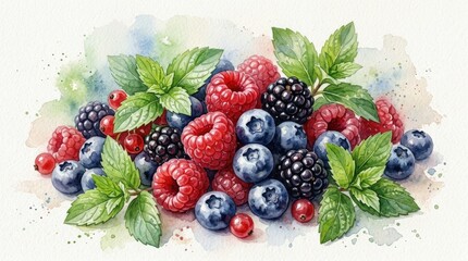 Assorted fresh berries and mint leaves close up with watercolor style texture, vibrant botanical food composition, bright natural colors and soft artistic finish, no logos