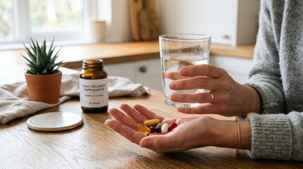 Female hands holding vitamin capsules and glass of water, daily supplement routine for healthcare, vitality, and wellness lifestyle in clean home setting, realistic detail, no logos