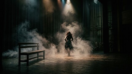 Dim wooden stage with bench and swirling smoke, dramatic mysterious performance scene, moody low light, atmospheric haze, realistic detail, no logos