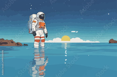Astronaut Standing in Water on Alien Planet