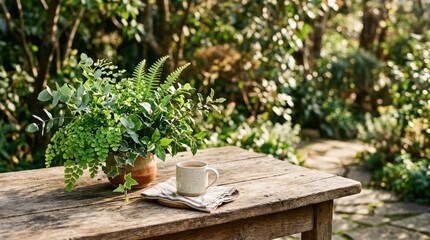 Wooden table with vibrant green foliage and a blurred natural background, serene outdoor setting illuminated by sunlight, clean composition, realistic texture, no logos