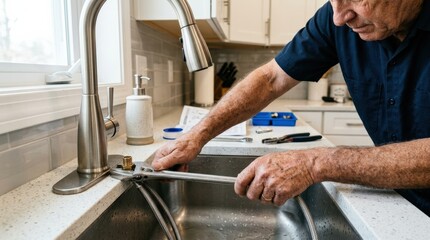 Senior man’s hands using wrench to install modern kitchen faucet, plumbing repair and home improvement concept, sink close up, bright indoor light, realistic detail, no logos