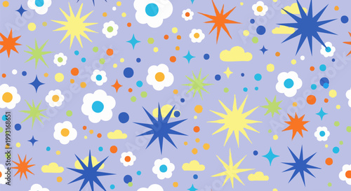 Retro seamless pattern with colorful stars and flowers, whimsical y2k aesthetic background, playful floral and celestial vector illustration