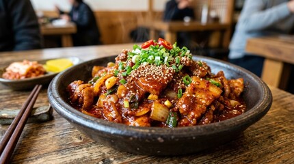 Spicy Korean dish garnished with sesame seeds and green onions, savory Asian cuisine close up with rich sauce and bold texture, appetizing realistic food detail, no logos