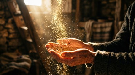 Golden dust particles falling into open hands in sunlight, hope and blessing concept, warm glow and dramatic human gesture, no logos
