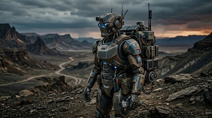Close up of a futuristic robot with a backpack standing in a desolate landscape, advanced technology explorer concept, cinematic sci fi scene with moody horizon, realistic detail, no logos